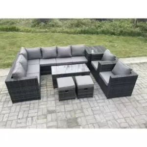 Fimous - 10 Seater Rattan Corner Sofa Lounge Sofa Set With Rectangular Coffee Table Side Table 2 Arm Chair and 2 Stools Dark Grey Mixed