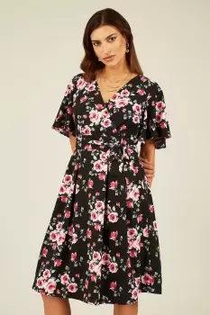 Black Floral Wrap Dress With Angel Sleeve