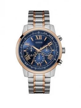 Guess Horizon Guess MenS Silver Watch With Gold Trim Blue Chronograph Dial And Rose Gold And Silver Bracelet.