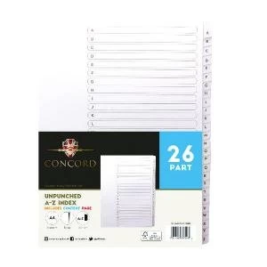 Concord Unpunched Index A-Z 26 Part A4 150gsm White Pack of 5 75601