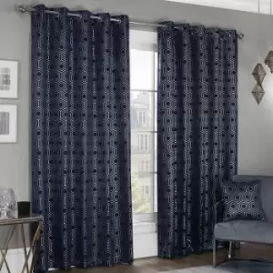 Emma Barclay - Hartford Geometric Woven Thermal Blackout Lined Eyelet Curtains, Navy, 66 x 72 Inch