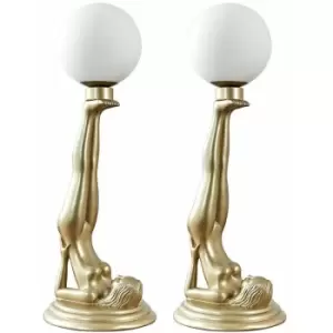 2 x Candle Stick Table Lamp Female Pose Gold Painted Art Deco - No Bulbs