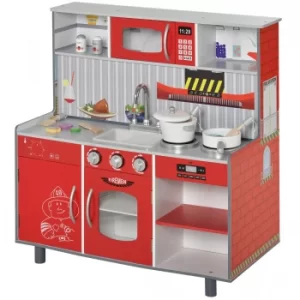 HOMCOM Kids Kitchen Set 2 in 1 Multifuction Kitchen Set Doll House Large Play Kitchen with Realistic Function Pretend Cooking Set Red