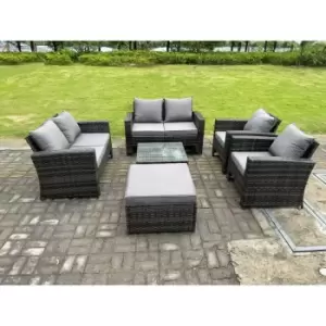 Fimous - 7 Seater Dark Grey Mixed High Back Rattan Sofa Set Square Coffee Table Garden Furniture 2 Seater Sofa Chairs Outdoor Patio