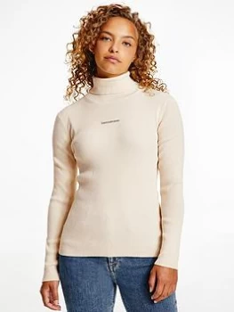 Calvin Klein Jeans Cashmere Wool Mix Roll Neck Jumper - Cream Size XS Women