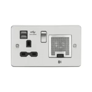 Flat Plate 13A socket, usb chargers (2.4A) and Bluetooth Speaker - Brushed chrome with Black insert - Knightsbridge