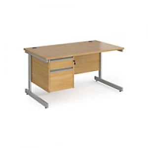 Dams International Straight Desk with Oak Coloured MFC Top and Silver Frame Cantilever Legs and 2 Lockable Drawer Pedestal Contract 25 1400 x 800 x 72