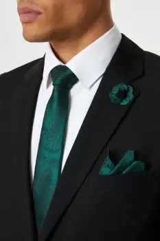 Mens Forest Green Wedding Paisley Tie Set With Lapel Pin