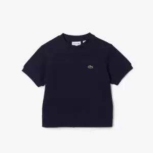 Girls' Lacoste Pleated Back Cotton Fleece T-Shirt Size 6 yrs Navy Blue