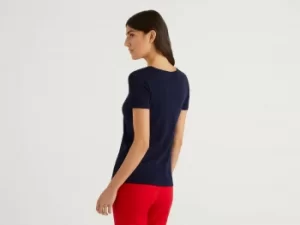 Benetton, T-Shirt In 100% Cotton With Glitter Print Logo, taglia L, Dark Blue, Women