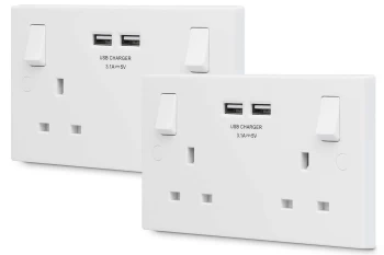 British General 13A 2 Gang Switched Socket with 2x USB-A 3.1A - White. Pack of 2