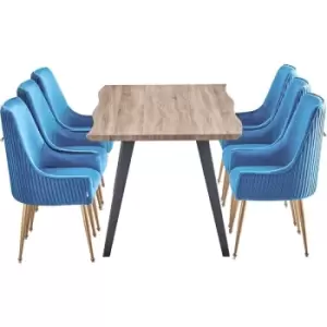 7 Pieces Life Interiors Soho Rocco Dining Set - a Walnut Rectangular Dining Table and Set of 6 Blue Dining Chairs - Blue