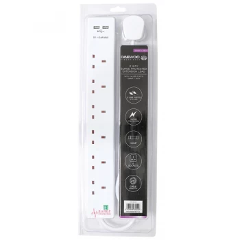 Daewoo 6-Way 2m Extension Lead with Surge Protection - White
