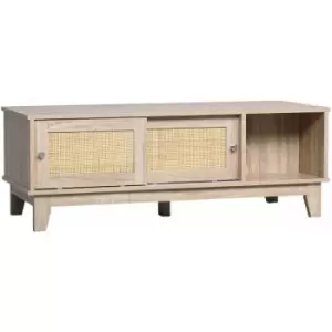 Coffee Table with Storage, Tea Table with Sliding Doors & Natural Rattan - Oak - Homcom