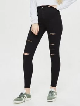 Topshop Rip Joni Super High Waisted Power Stretch Black Skinny Jeans, Black, Size 30, Inside Leg 34, Women
