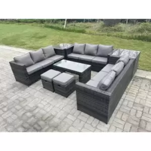 Fimous - Outdoor Rattan Garden Furniture Lounge Sofa Set With Oblong Rectagular Coffee Table 2 Stools And 2 Side Table