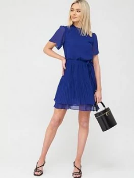 Oasis Plain Pleated Skater Dress - Mid Blue Size 14, Women