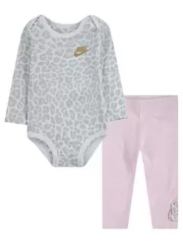 Nike Leopard Futura Bodysuit Pant Set - White/Pink/White, Size 9 Months