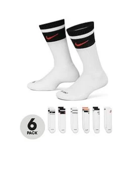 Boys, Nike Older Unisex Everyday Plus Crew Socks 6 Pair - White, Multi, Size M=10-12 Years