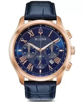 Bulova Classic Blue Chronograph Dial Blue Leather Strap Mens Watch 97B170 97B170