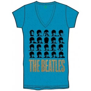 The Beatles - Hard Days Night Faces Womens Large T-Shirt - Blue
