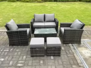 6 Seater Dark Grey Mixed High Back Rattan Sofa Set Rectangular Coffee Table Garden Furniture Outdoor 2 Stools