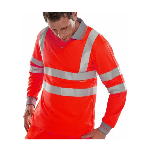B SEEN High Visibility Polo Shirt, Long Sleeved, Red, Medium