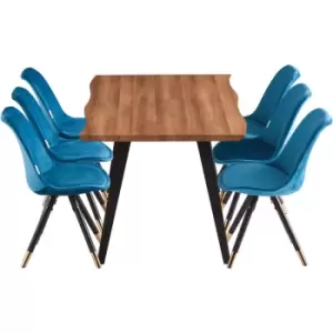 7 Pieces Life Interiors Sofia Rocco Dining Set - a Walnut Rectangular Dining Table and Set of 6 Blue Dining Chairs - Blue