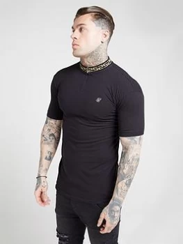 SikSilk Short Sleeve Chain Ribbed Collar Polo Shirt - Black, Size L, Men