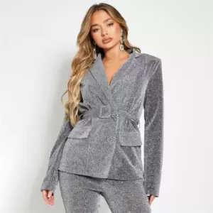I Saw It First Belted Glitter Blazer With Shoulder Pads - Grey