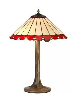 2 Light Tree Like Table Lamp E27 With 40cm Tiffany Shade, Red, Crystal, Aged Antique Brass