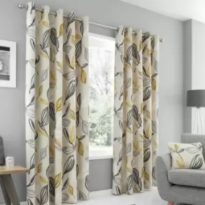 Fusion Ensley Botanical Print 100% Cotton Eyelet Lined Curtains, Ochre, 90 x 90 Inch