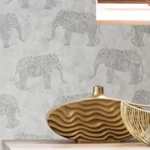 Fresco - Natural Moroccan Elephants Wallpaper - Green