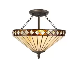 3 Light Semi Flush Ceiling E27 With 40cm Tiffany Shade, Amber, Crystal, Aged Antique Brass