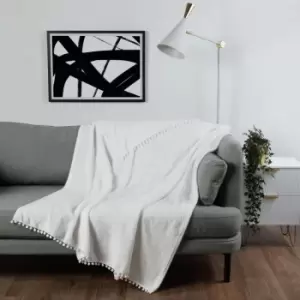 Dreamscene Ultra Soft Flannel Fleece Pom Pom Throw Blanket White 200 X 240Cm