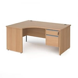 Dams International Left Hand Ergonomic Desk with 2 Lockable Drawers Pedestal and Beech Coloured MFC Top with Silver Panel Ends and Silver Frame Corner