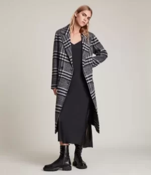 AllSaints Womens Ensley Wool Blend Check Coat, Black/White, Size: 10