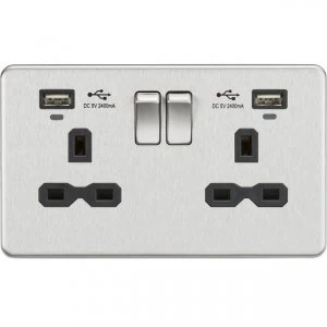 5 PACK - 13A 2G Switched Socket, Dual USB (2.4A) with LED Charge Indicators - Brushed Chrome w/black insert