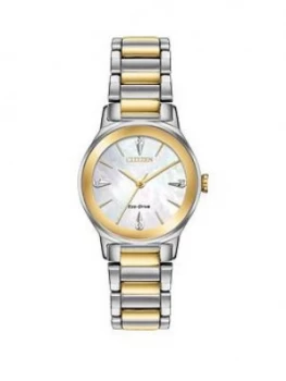 Citizen Eco-Drive Mother Of Pearl And Gold Detail Dial Dark Red Metallic Leather Strap Ladies Watch