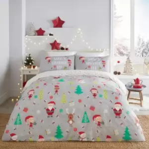 Christmas Elf & Santa Easy Care Reversible Duvet Cover Set, Grey, Single - Fusion