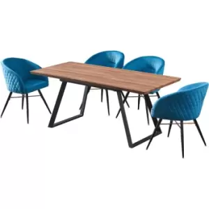 5 Pieces Life Interiors Vittorio Toga Dining Set - an Extendable Brown Rectangular Wooden Dining Table and Set of 4 Blue Dining Chairs - Blue