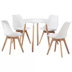 Life Interiors - 5 Pieces Retro and Modern Scandinavian Dining Set - a Round White Dining Table & White Dining Chairs Set of 4 - White