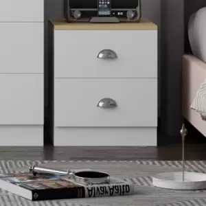 2 Drawer Bedside Cabinet Matt White Oak Bedroom Furniture Metal Cup Handles - White