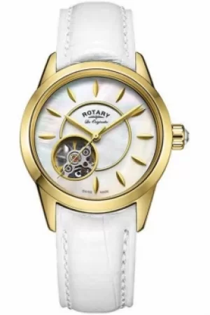 Ladies Rotary Jura skeleton watch with a white leather strap LS90513/41/L3G