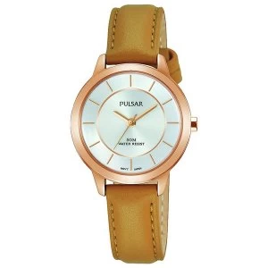 Pulsar PH8374X1 Ladies Tan Leather Strap Rose Gold Case Silver Dial 50M Watch