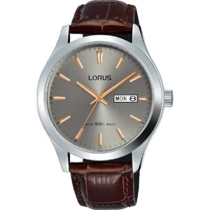 Lorus RXN61DX9 Mens Padded Brown Leather Strap Dress Watch with Sunray Grey Dial