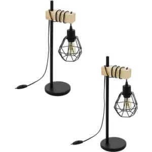 2 PACK Table Lamp Desk Hangman Light Black Shade & Wood Arm 1x 60W E27