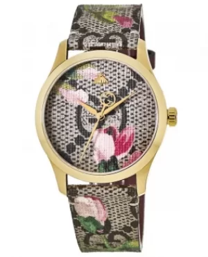 Gucci G-Timeless Pink Print Dial Gold Tone Case Canvas Strap Womens Watch YA1264038A YA1264038A