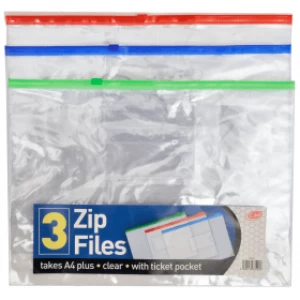 Value A4 Clear Zip Files with Ticket Pocket - Assorted Colours (3 Pack)