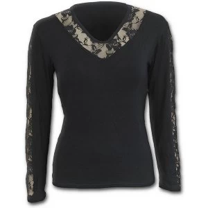 Gothic Elegance Rose Lace V Neck Womens Small Long Sleeve Top - Black